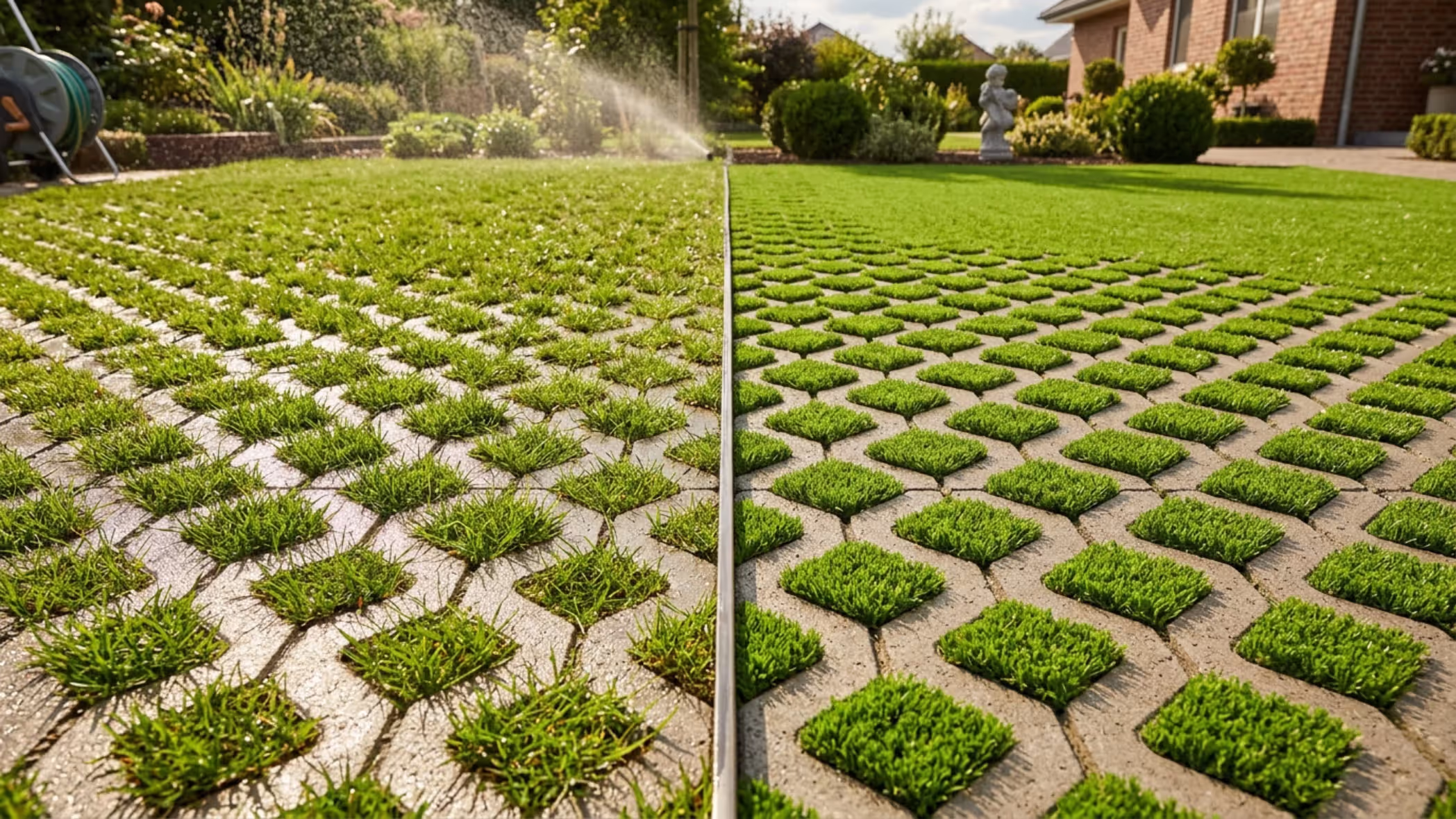 comparison of living grass and artificial turf between pavers