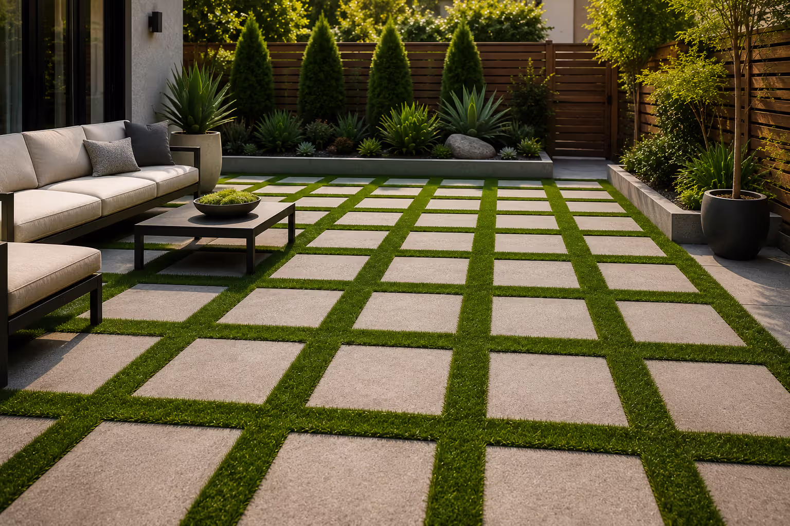 checkerboard paver patio with turf inserts