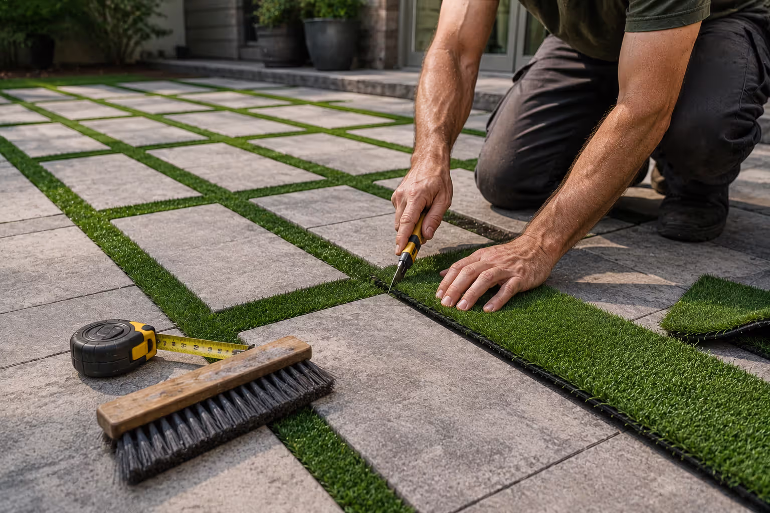 installing artificial turf strips between existing pavers