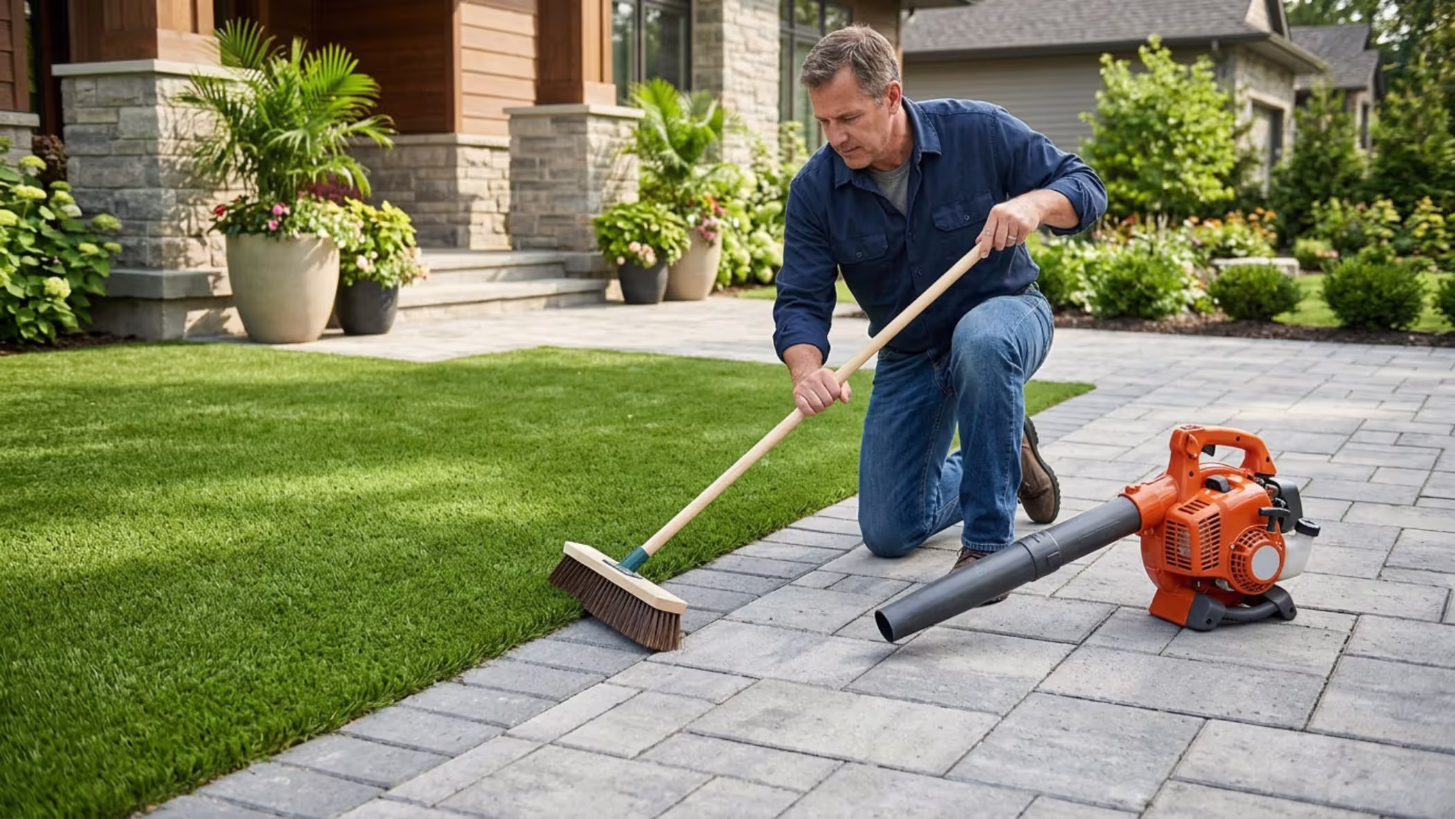 maintaining artificial turf between pavers with blower and brush