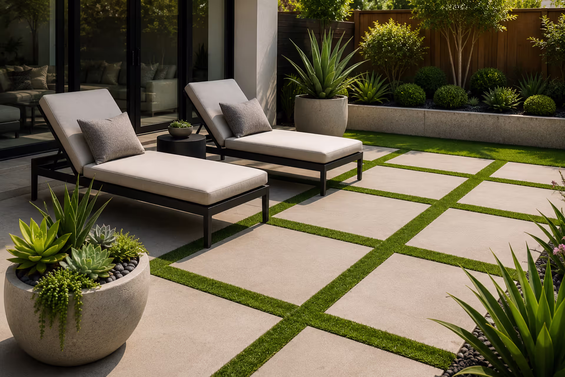 modern patio with large pavers and green turf between joints