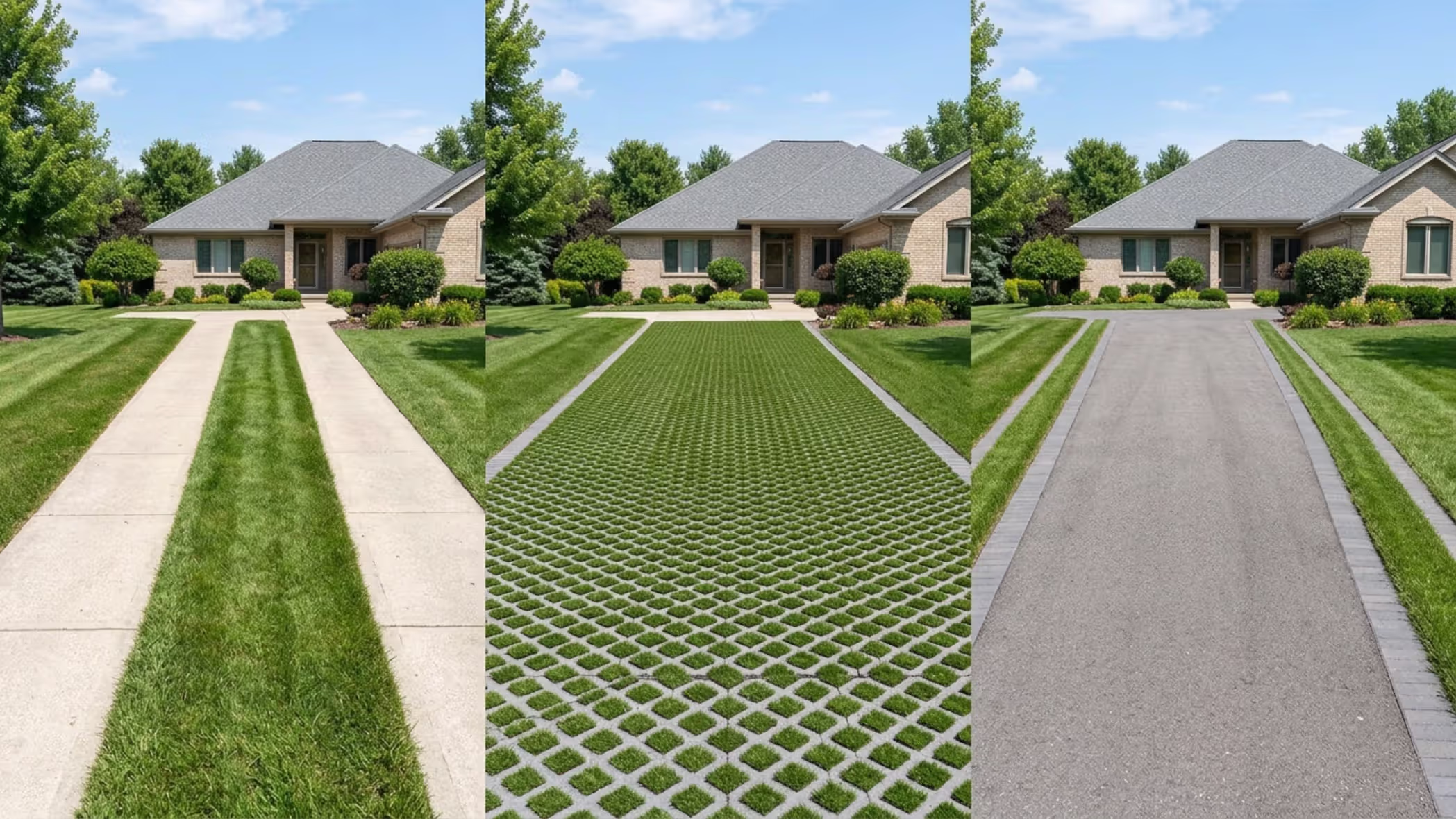 comparison of grass strip grid and decorative artificial grass driveway designs