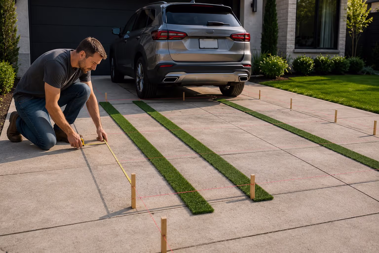 homeowner measuring and marking artificial grass driveway layout