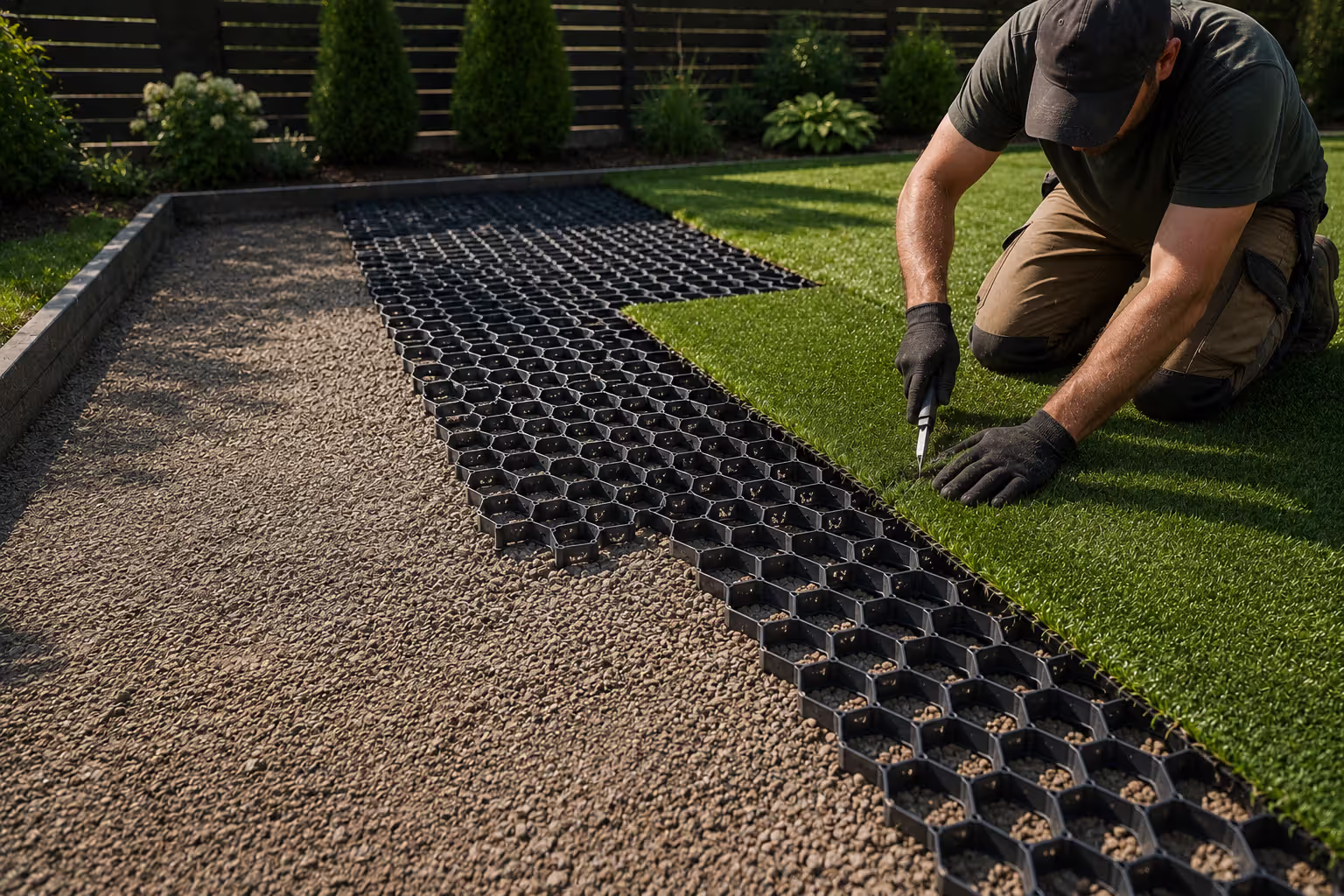 installing artificial turf over a permeable driveway grid system