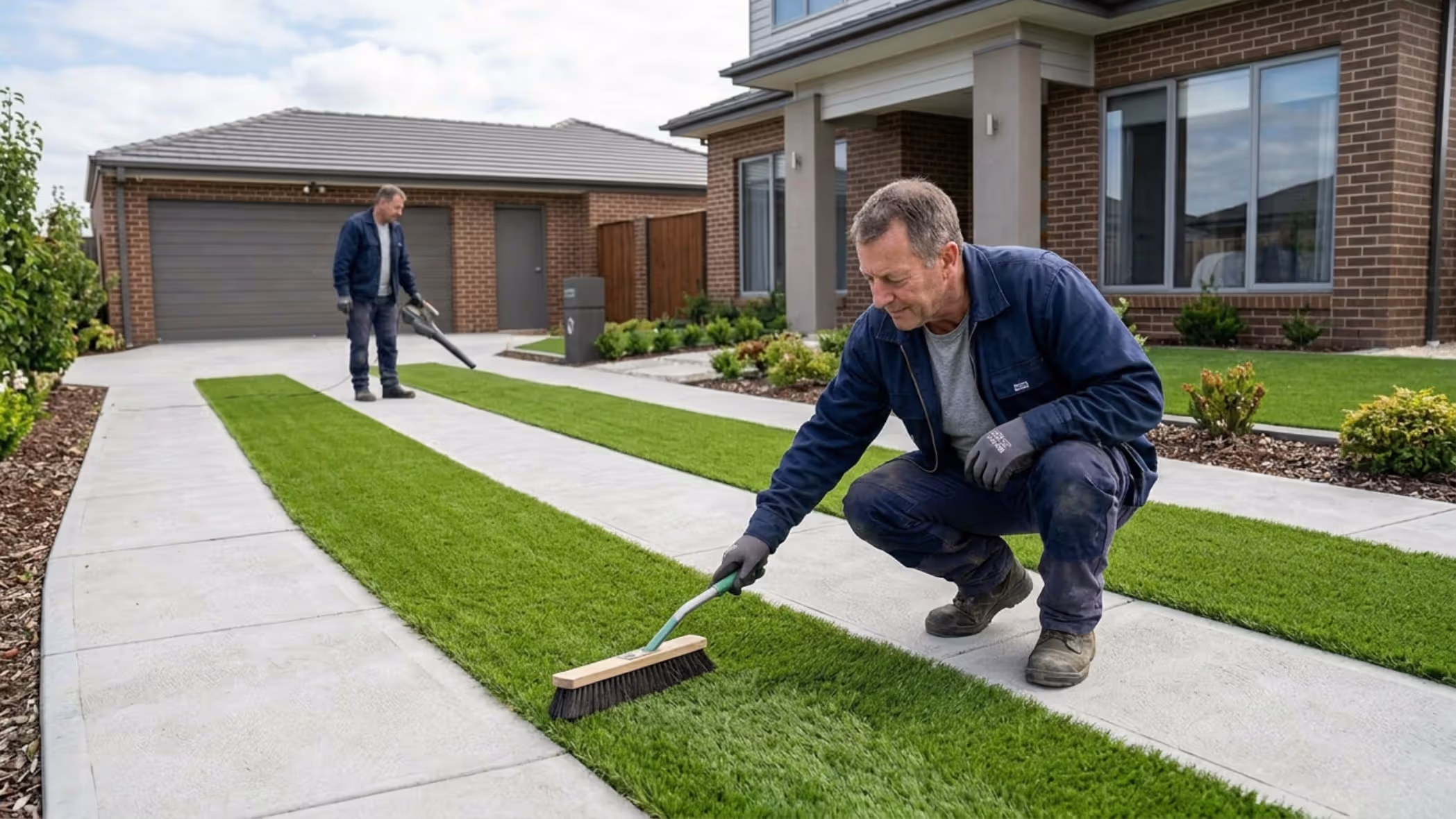 maintaining an artificial grass driveway with blower and brush
