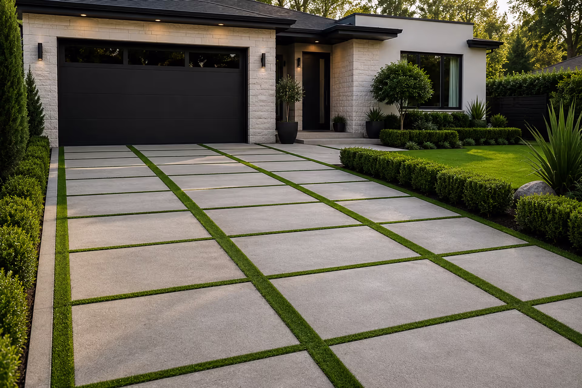 modern driveway with concrete pavers and artificial grass strips