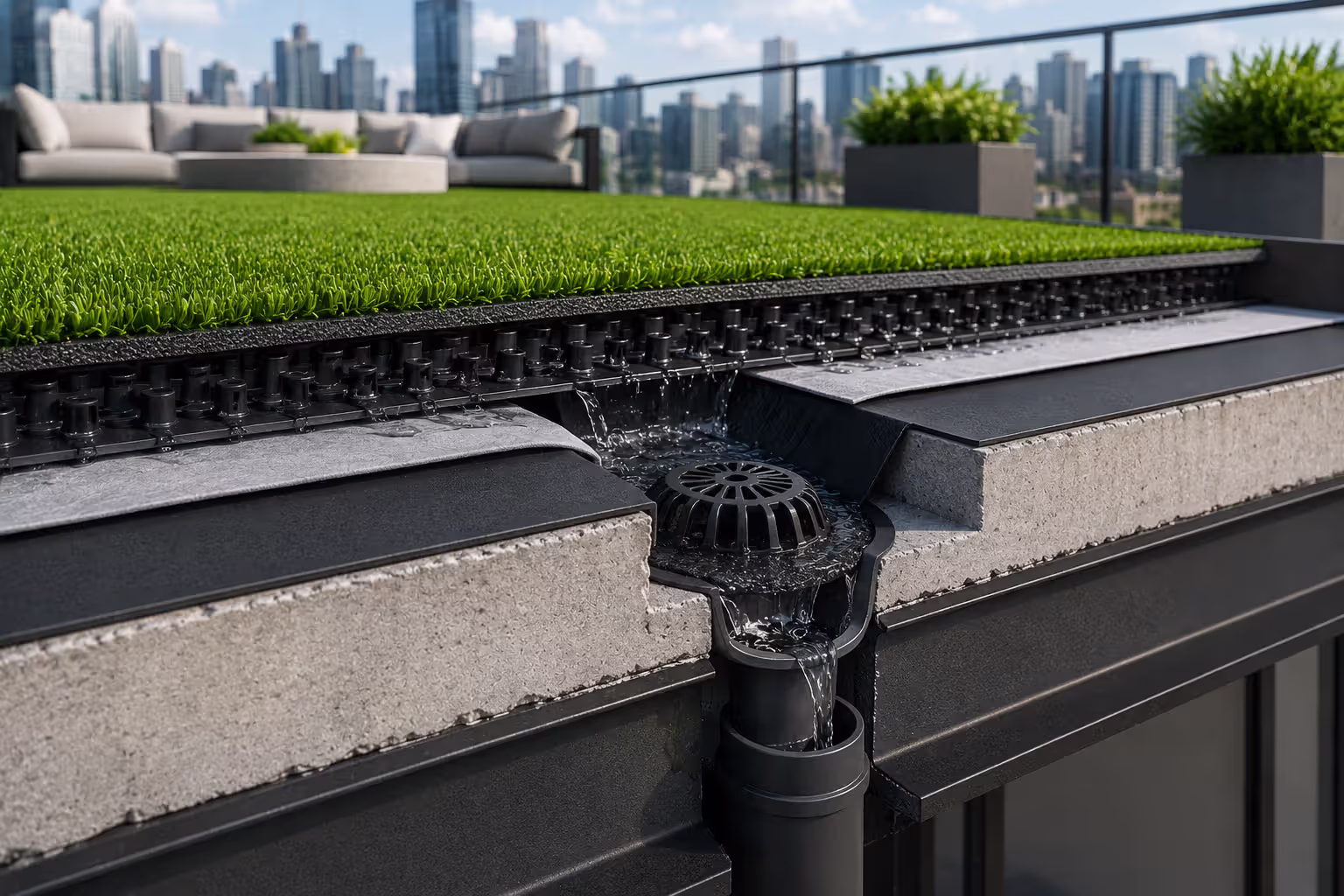 rooftop artificial turf drainage system with underlayment and roof drain