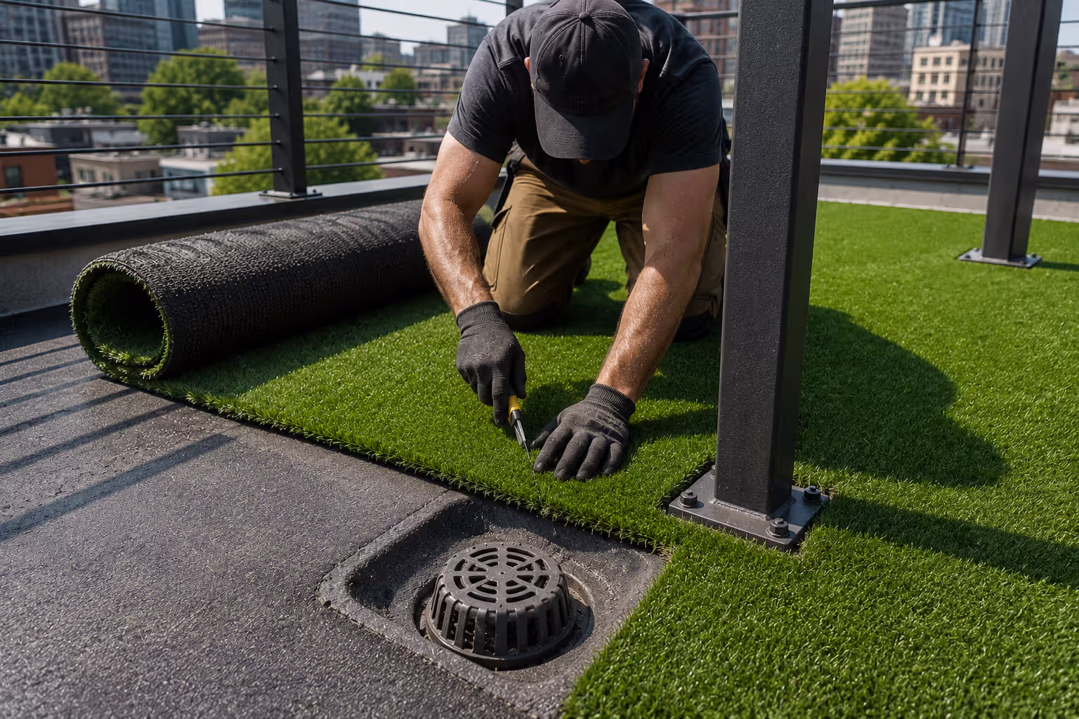 installing artificial turf on a rooftop deck around drains and posts