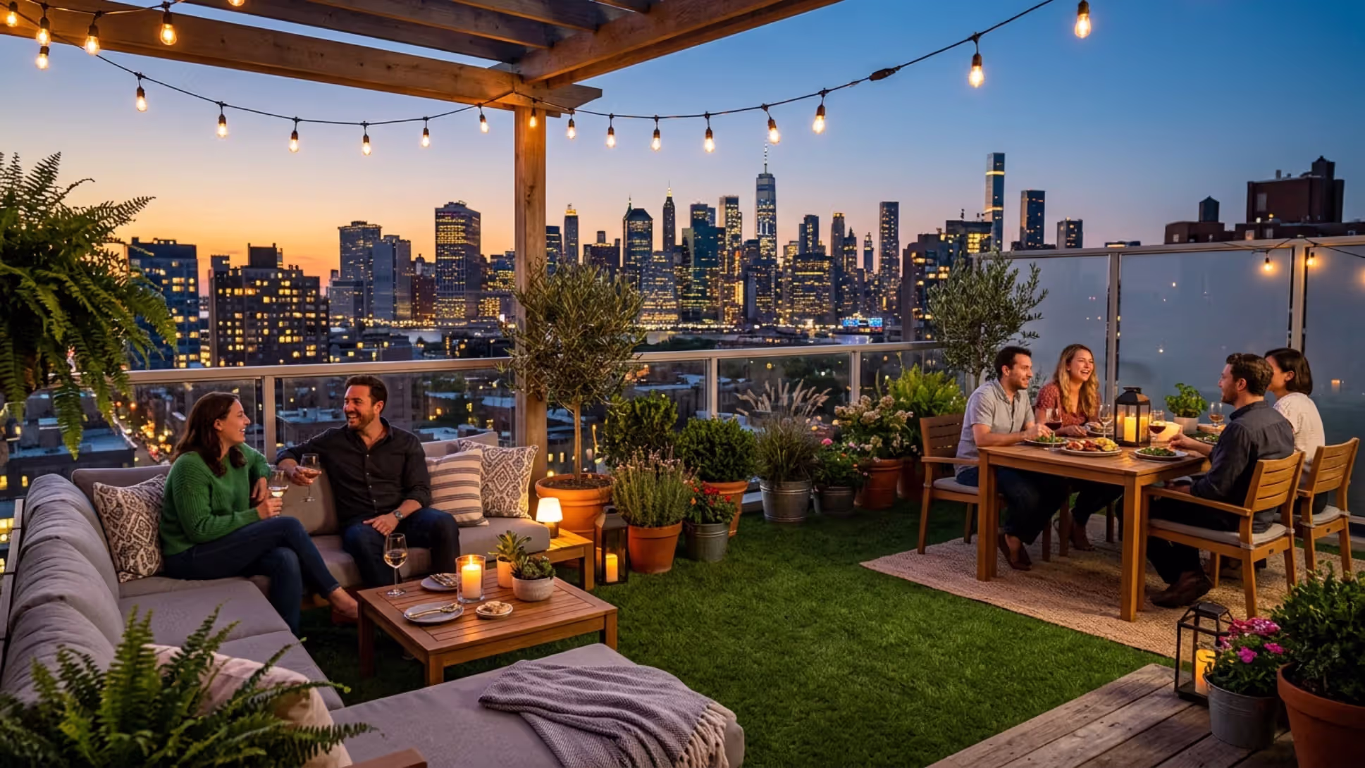finished rooftop terrace with artificial grass and evening lighting