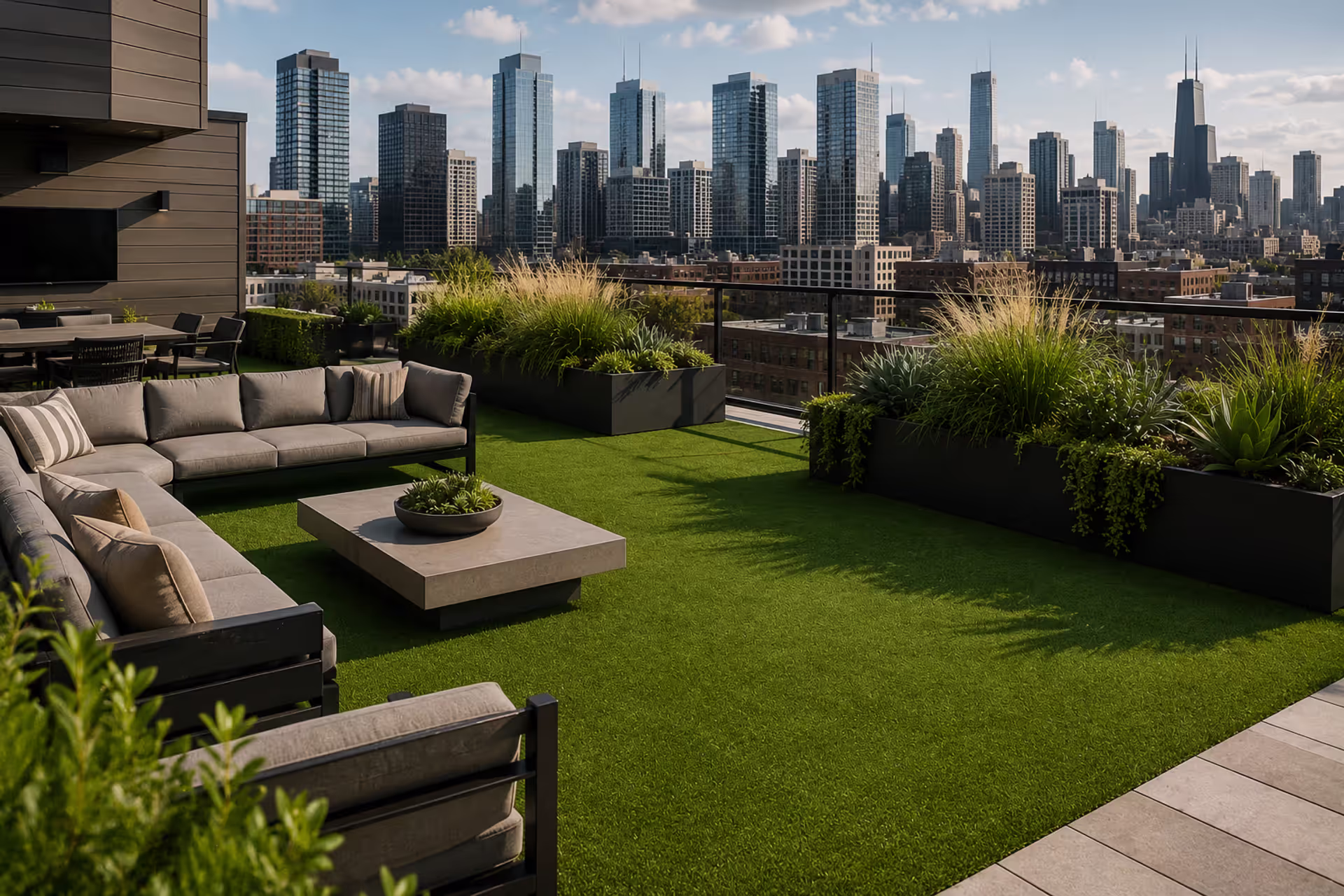 modern rooftop deck with artificial turf seating and city skyline