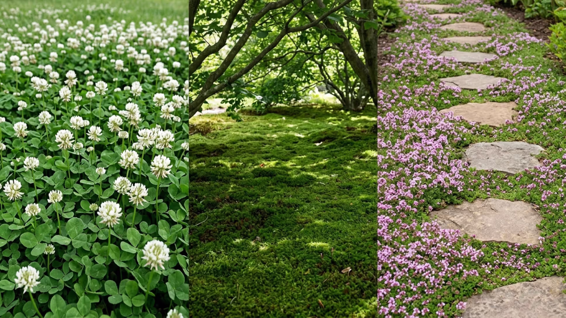 clover moss and creeping thyme as natural grass alternatives