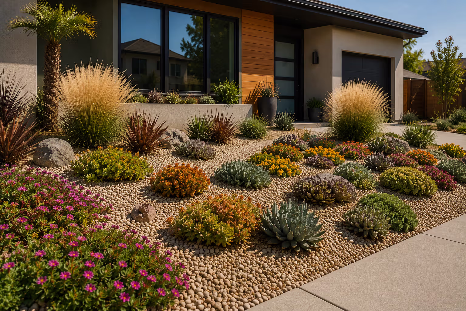 drought tolerant landscape with sedum ornamental grasses and gravel