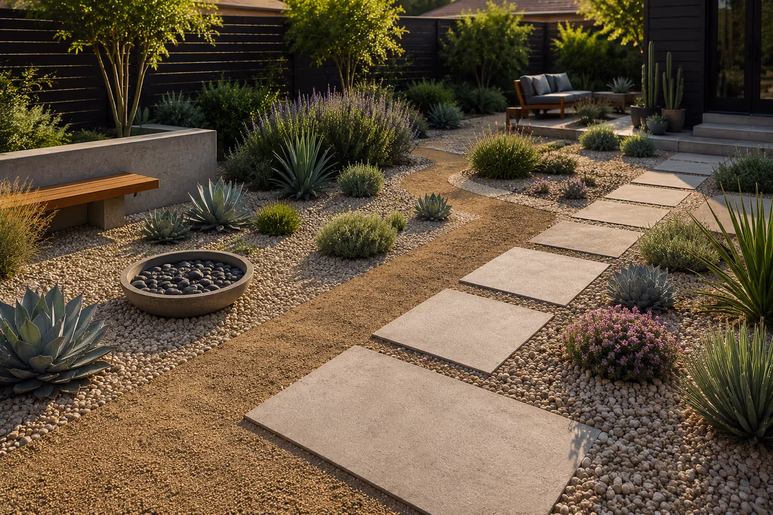 no grass yard with gravel pavers and drought tolerant plants