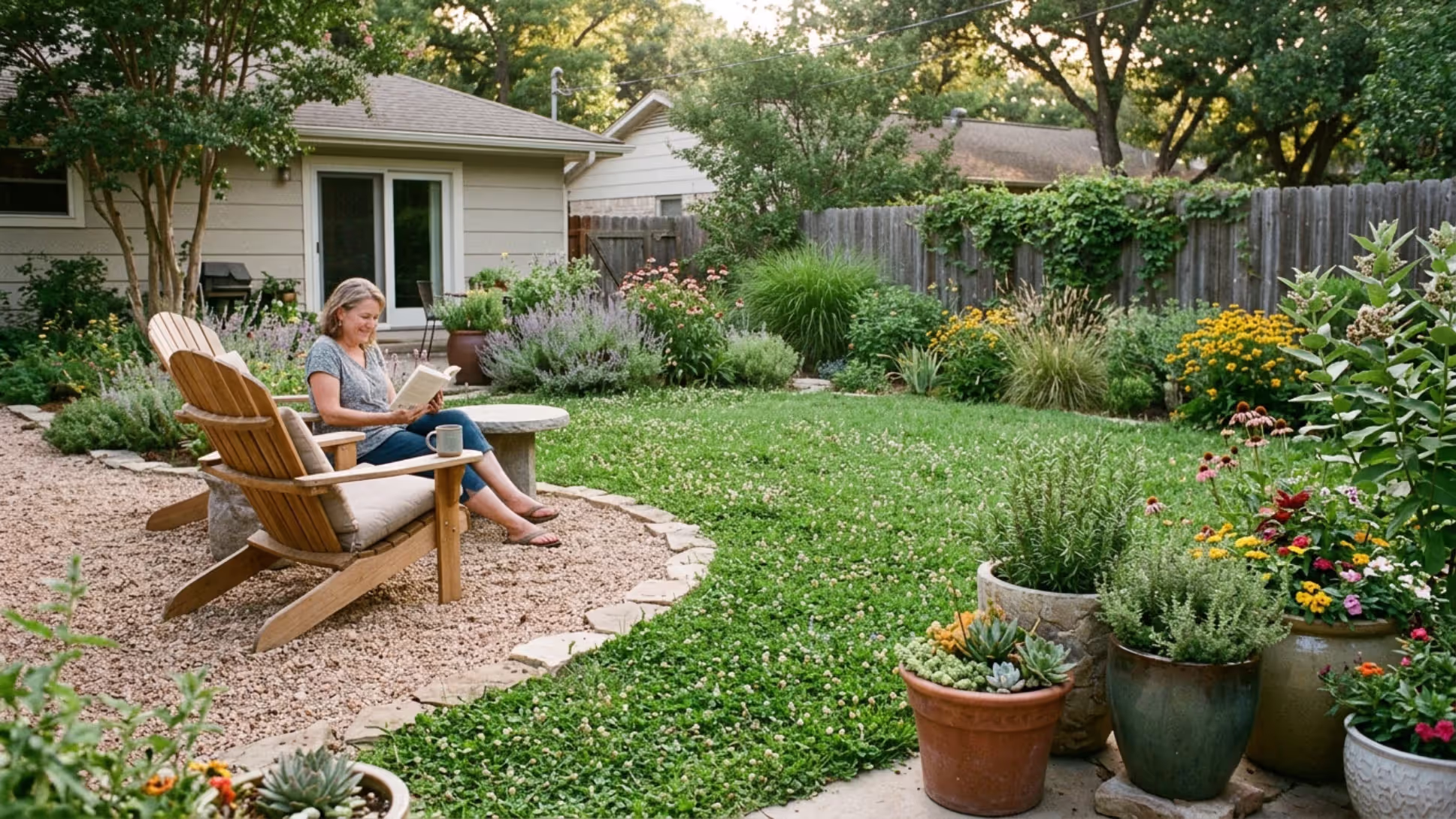 low maintenance backyard with clover gravel and native plants