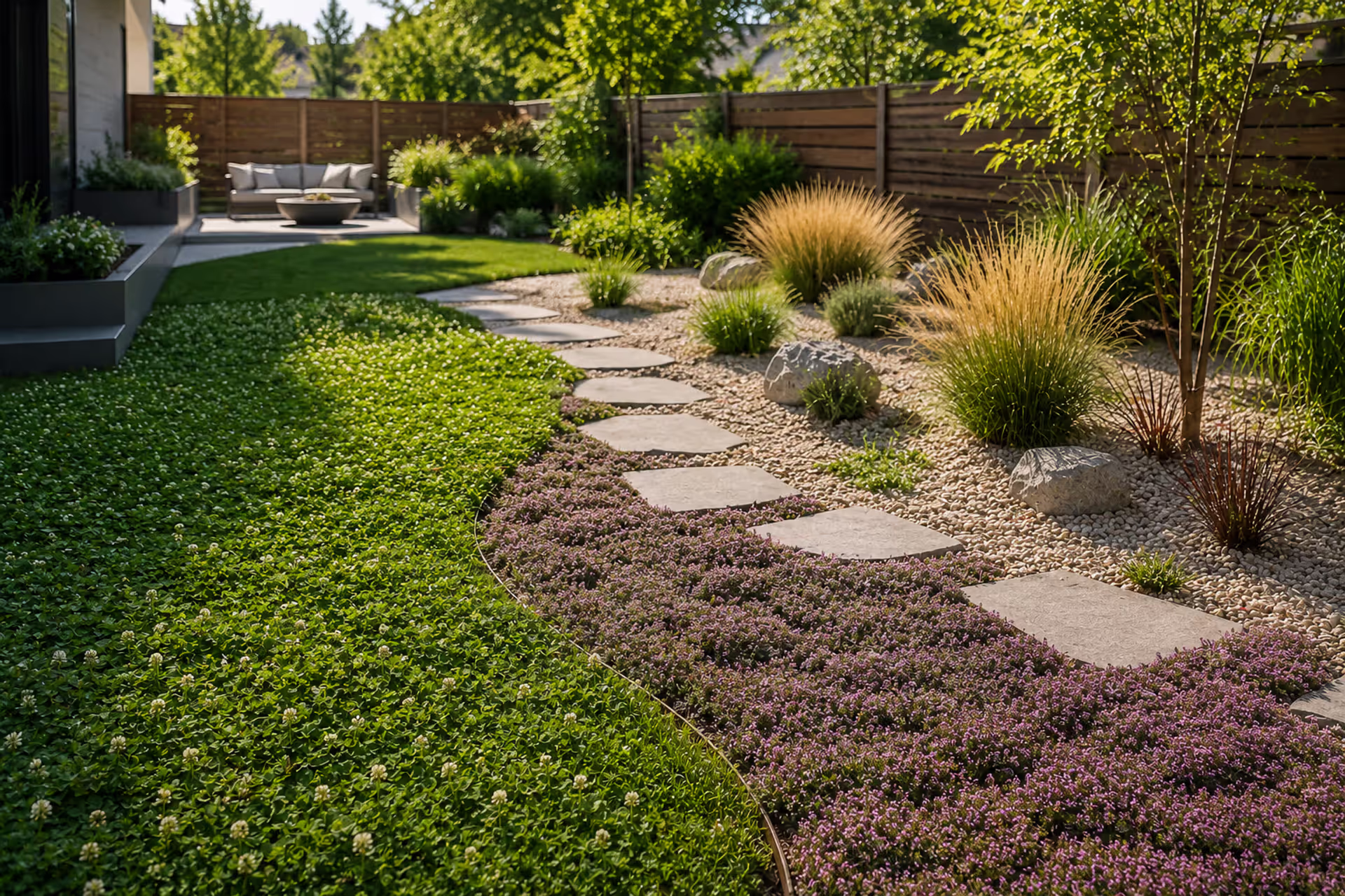 eco friendly backyard with clover thyme and gravel landscaping