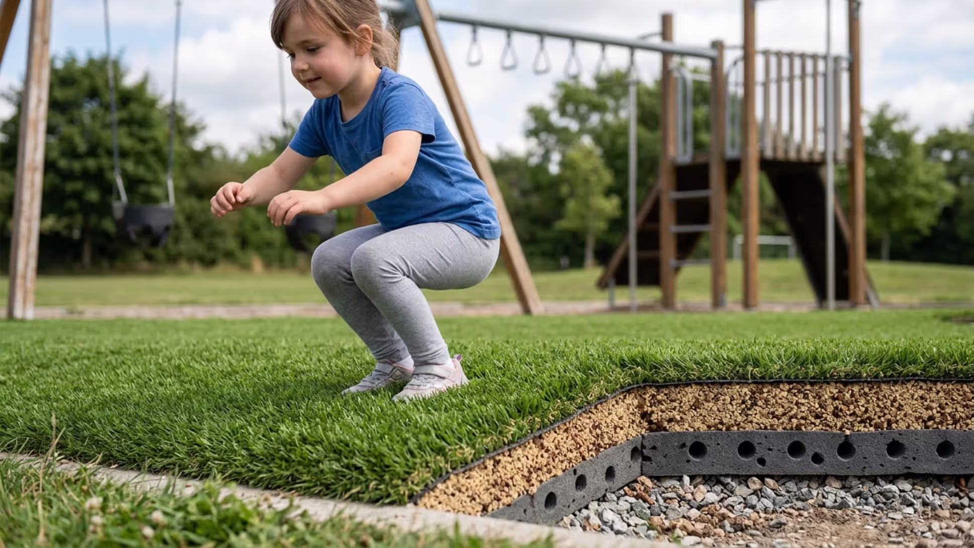 child landing on playground turf with visible shock pad layers