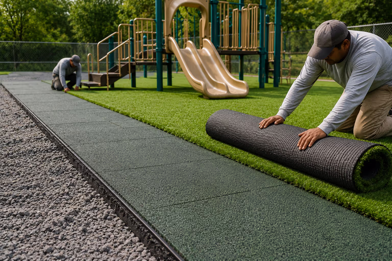 installing synthetic playground turf over compacted base and shock pad