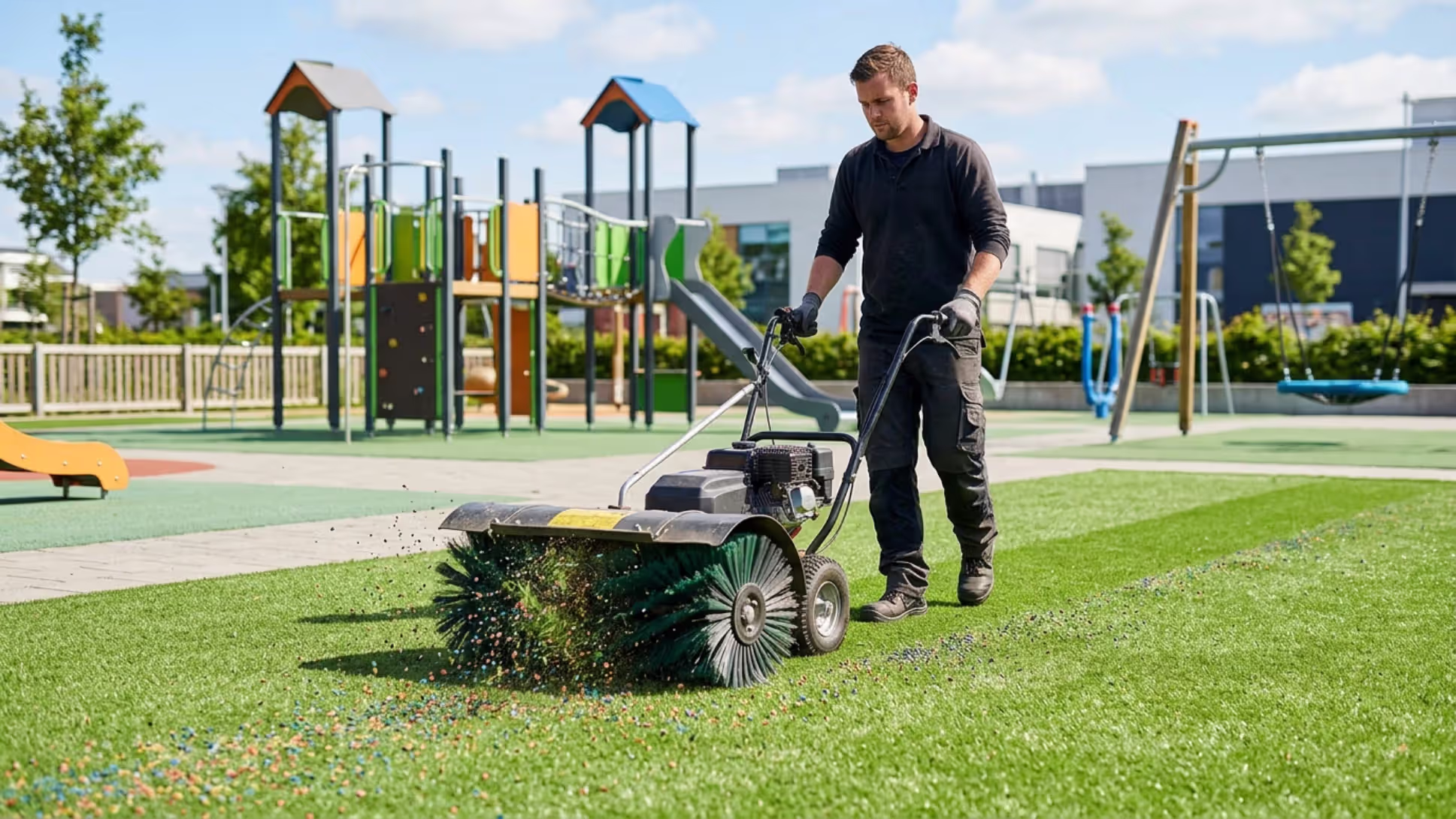 maintaining synthetic playground turf with a power broom