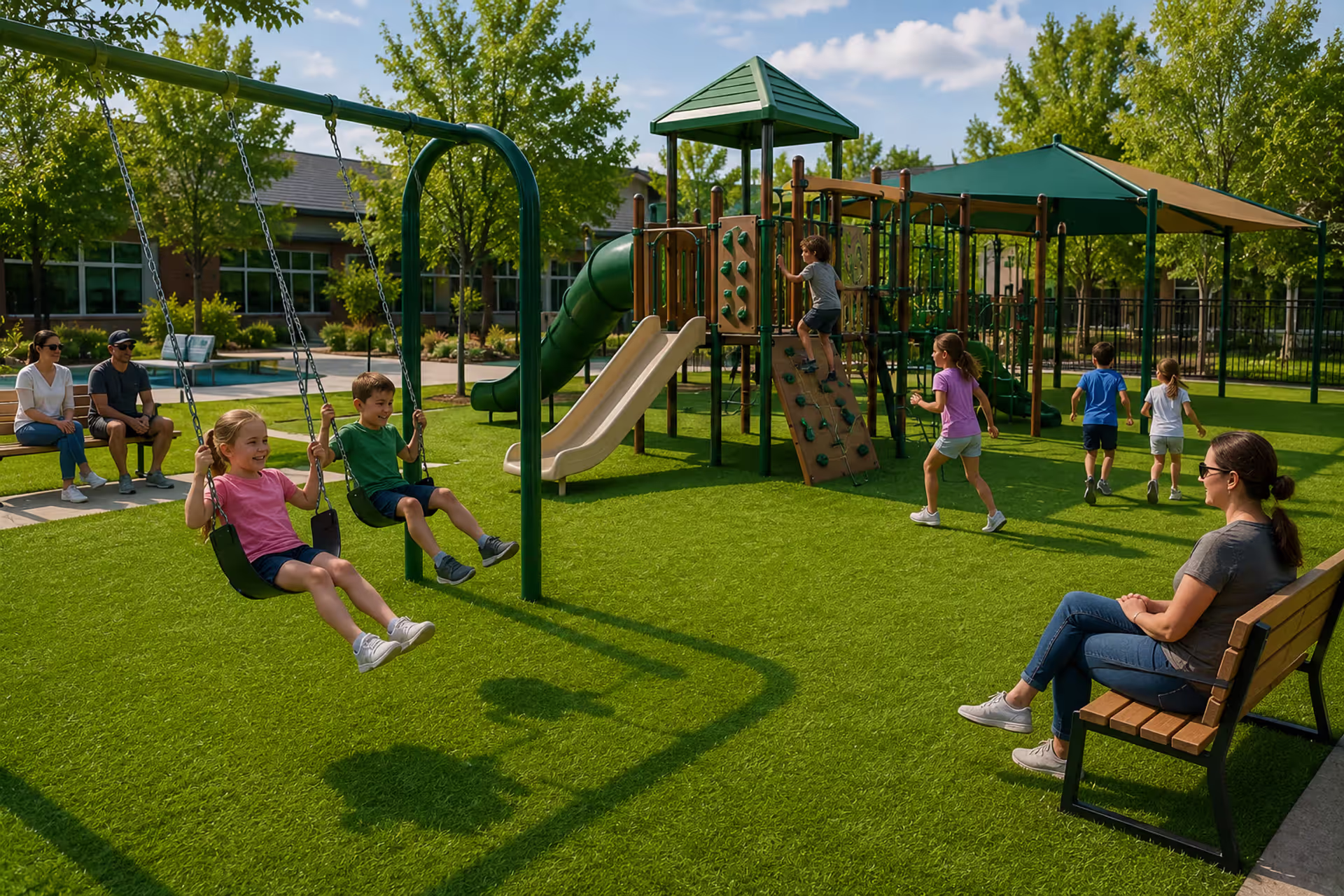 children playing on synthetic playground turf at a modern playground