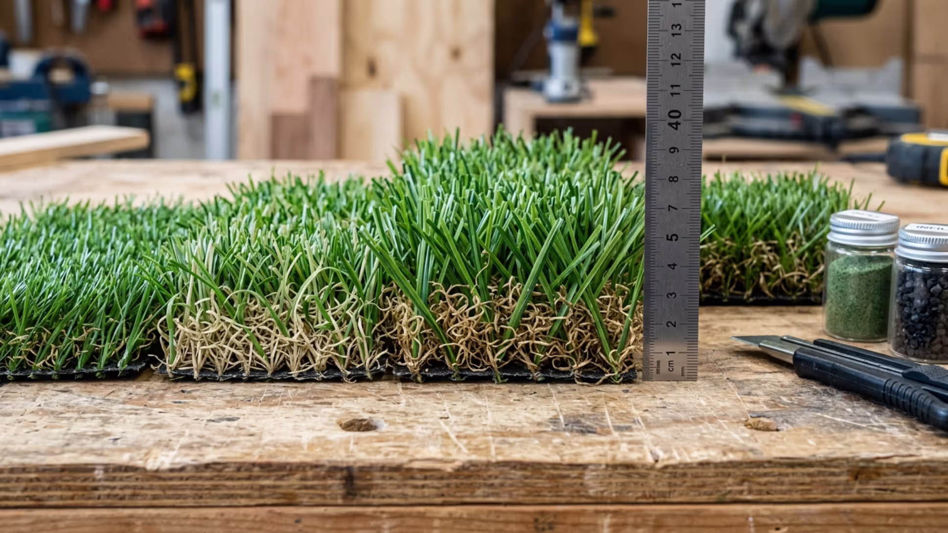 artificial grass samples showing different blade shapes and thatch layers