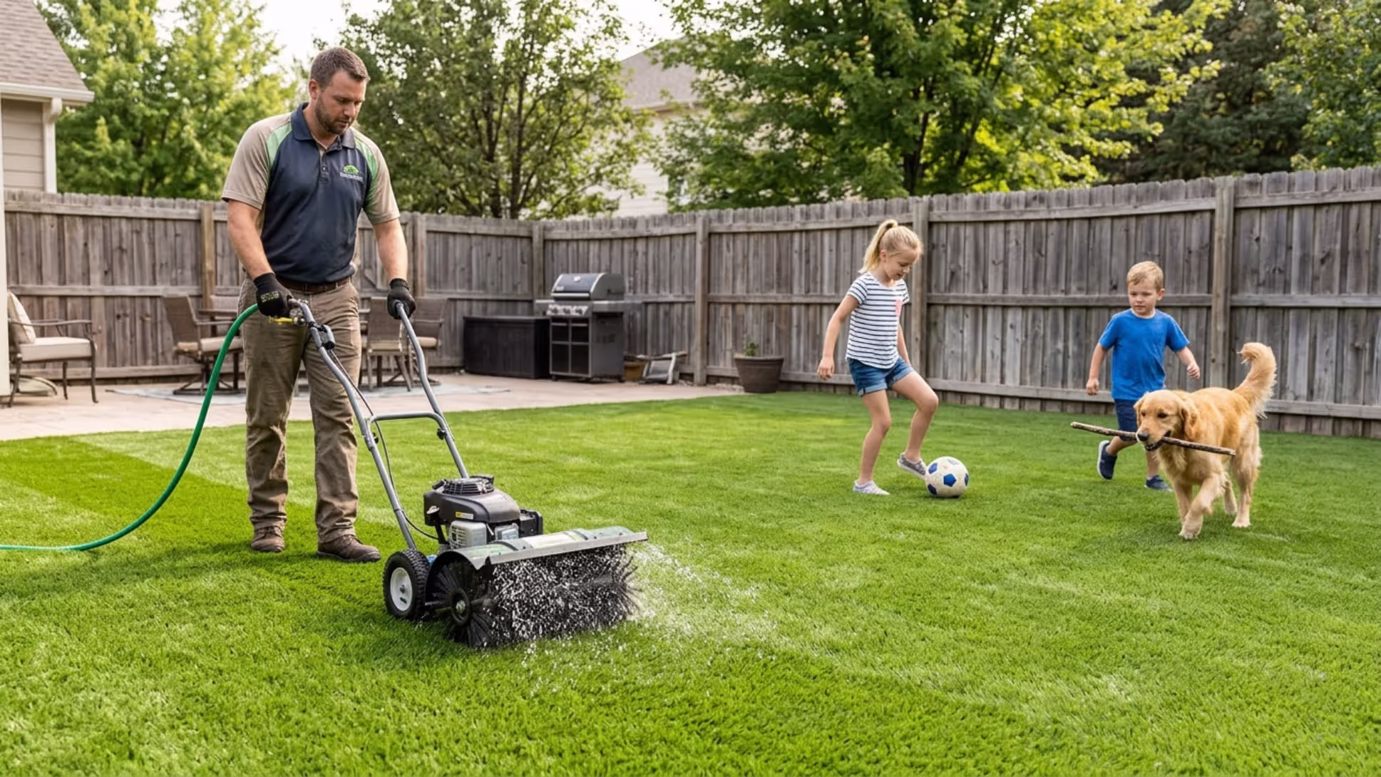 maintaining a realistic artificial grass backyard with children and dog