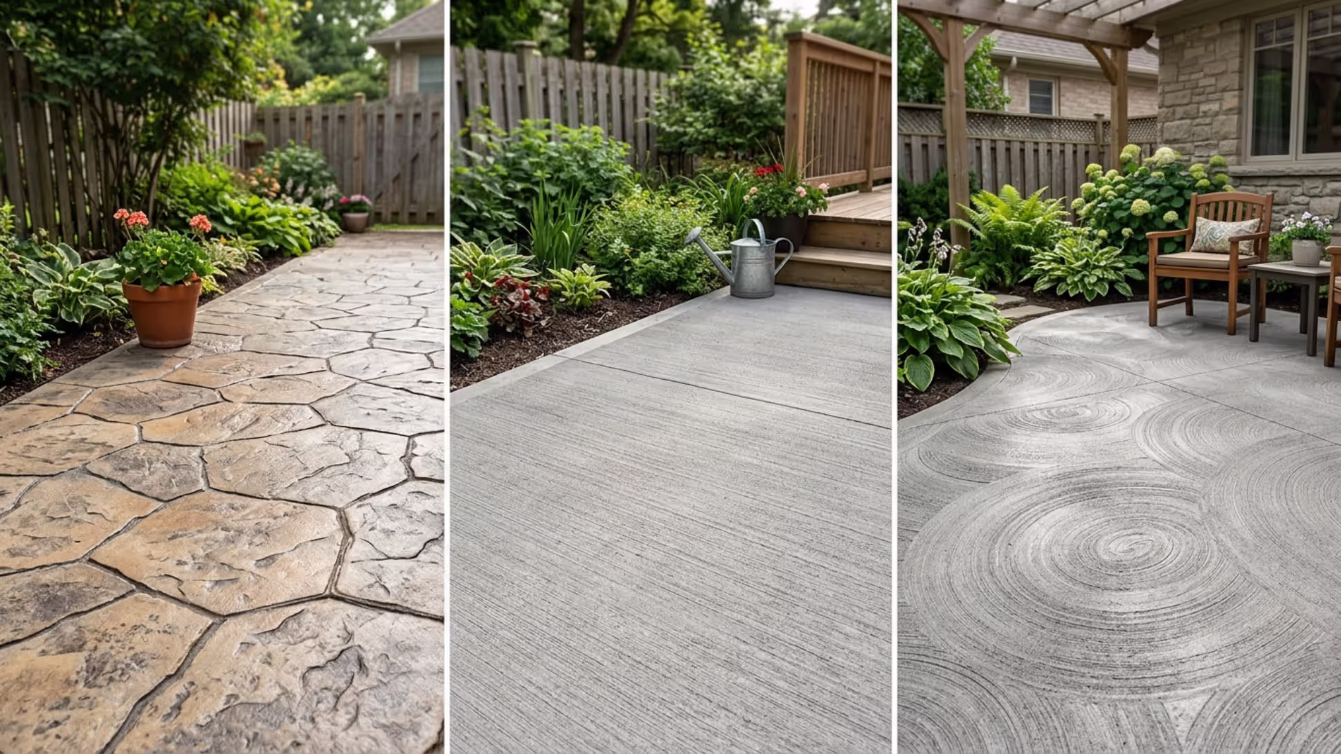 comparison of stamped broom and swirl concrete patio finishes