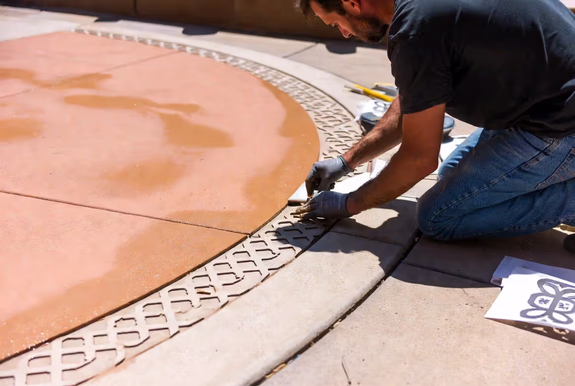 applying a stencil border to a colored concrete patio