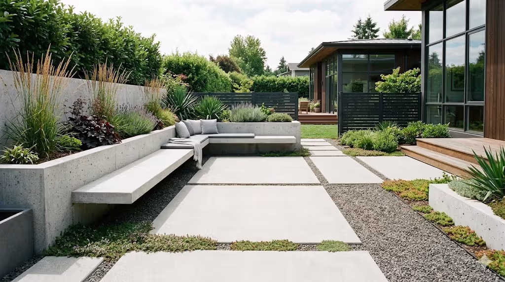 modern geometric concrete patio with large slabs and gravel joints