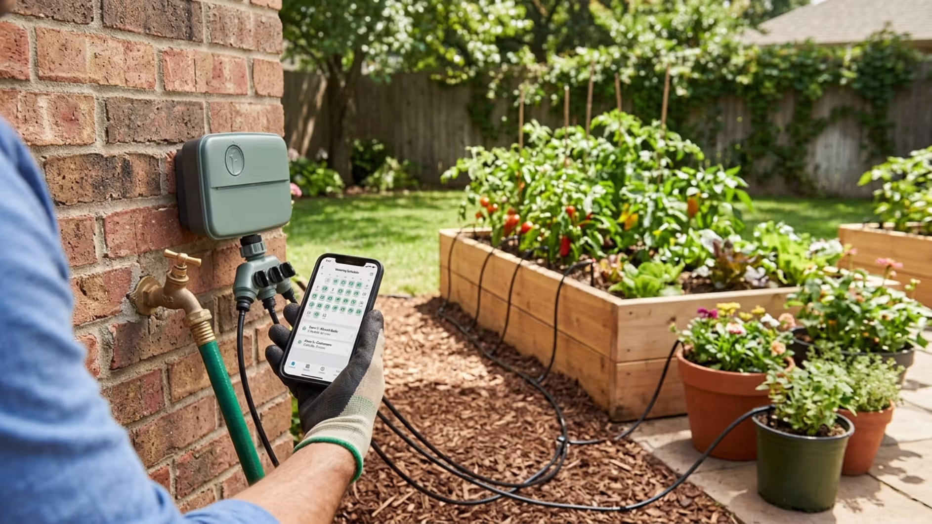 smart irrigation controller connected to drip system and smartphone