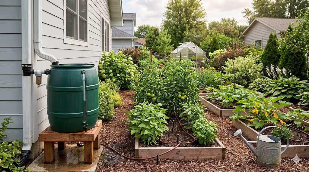 rain barrel collecting roof runoff for garden irrigation