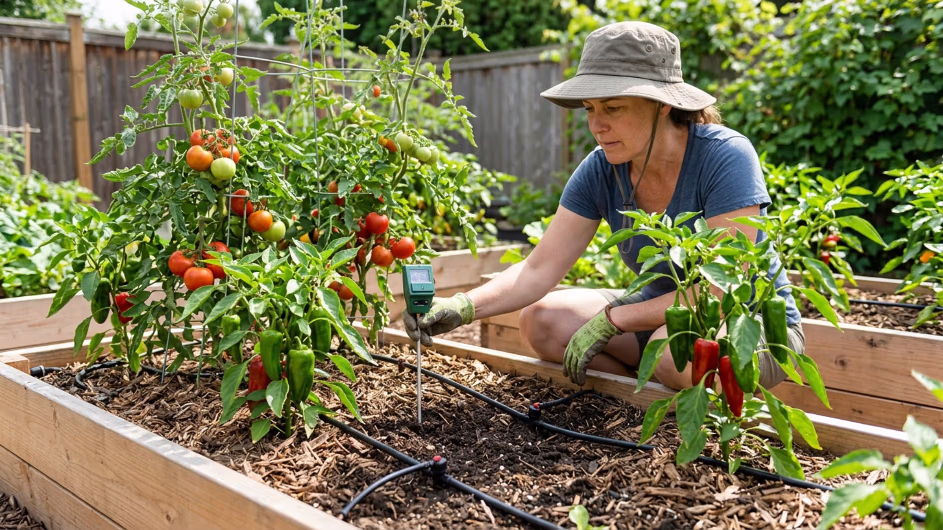 gardener checking soil moisture in a raised bed with drip irrigation