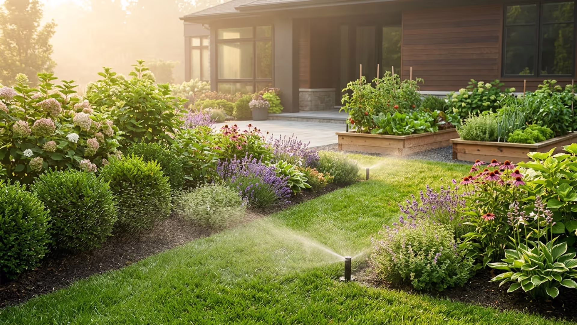 professionally irrigated backyard with healthy lawn and garden beds