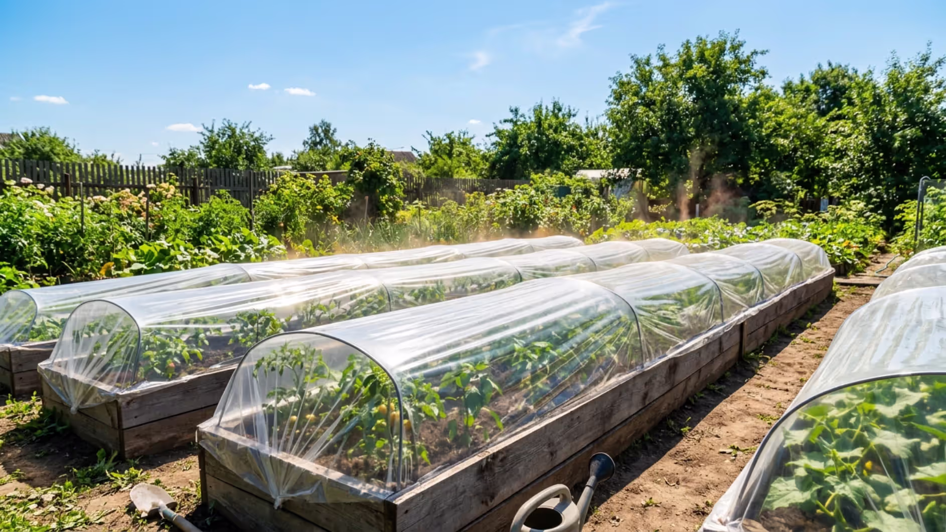 summer garden beds covered with clear plastic under intense sunlight
