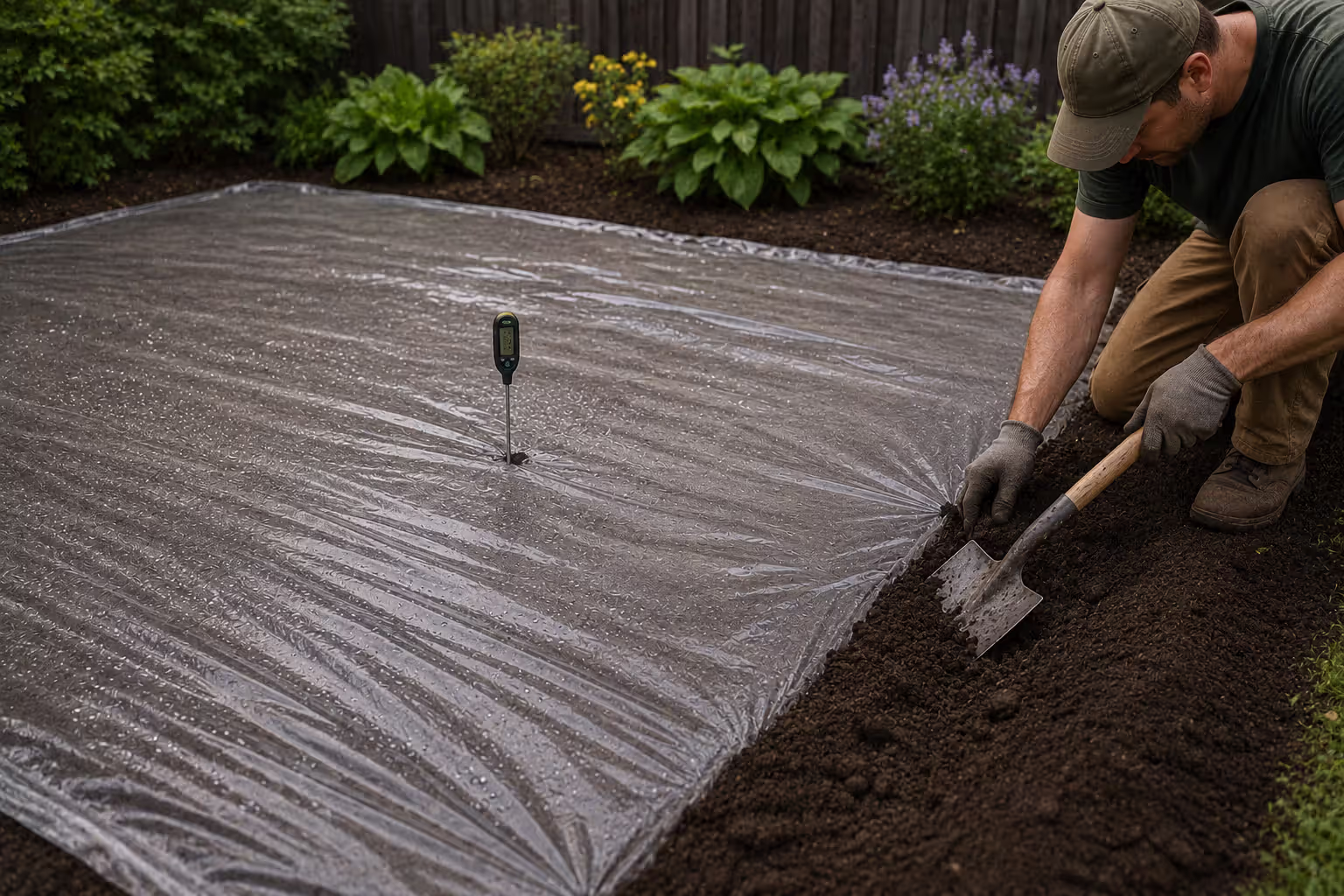 gardener securing clear plastic and inserting a soil thermometer