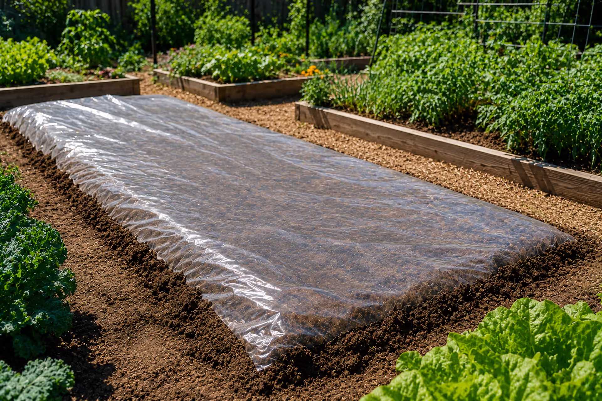 garden bed covered with clear plastic for soil solarization