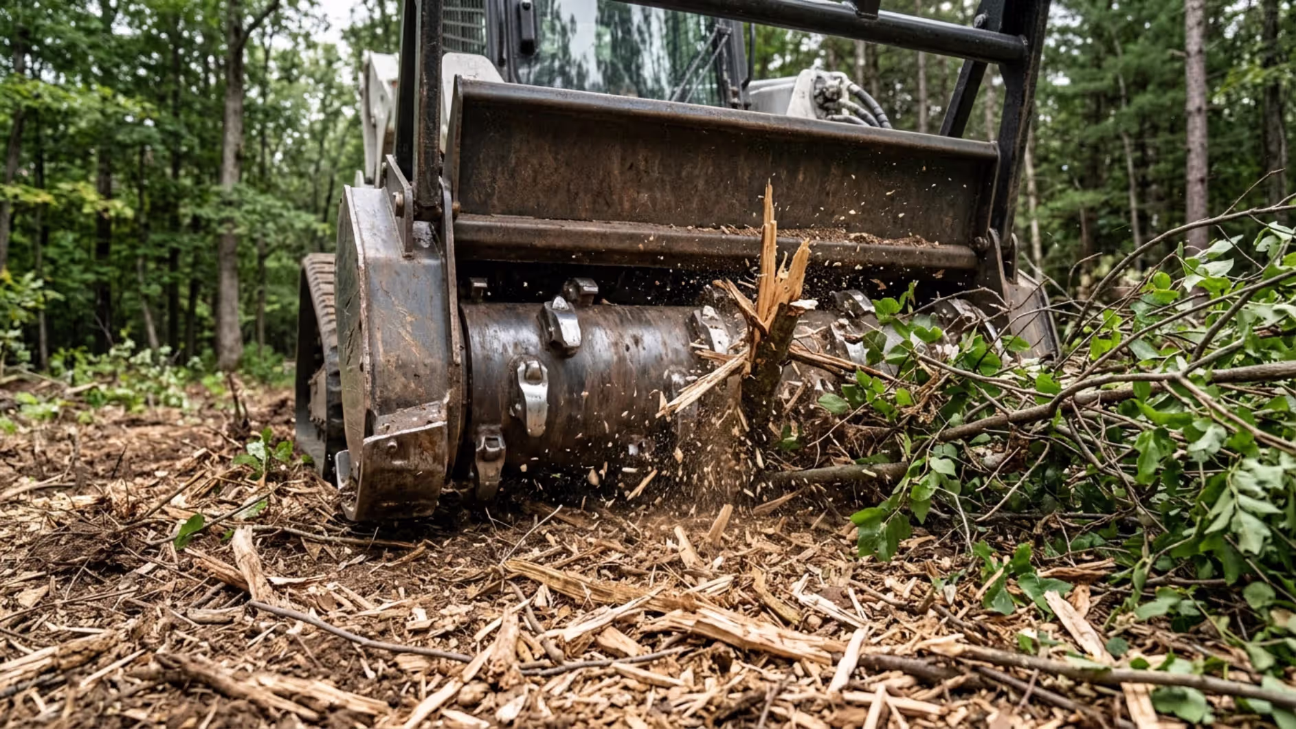 close up of a forestry mulching head shredding brush and small trees