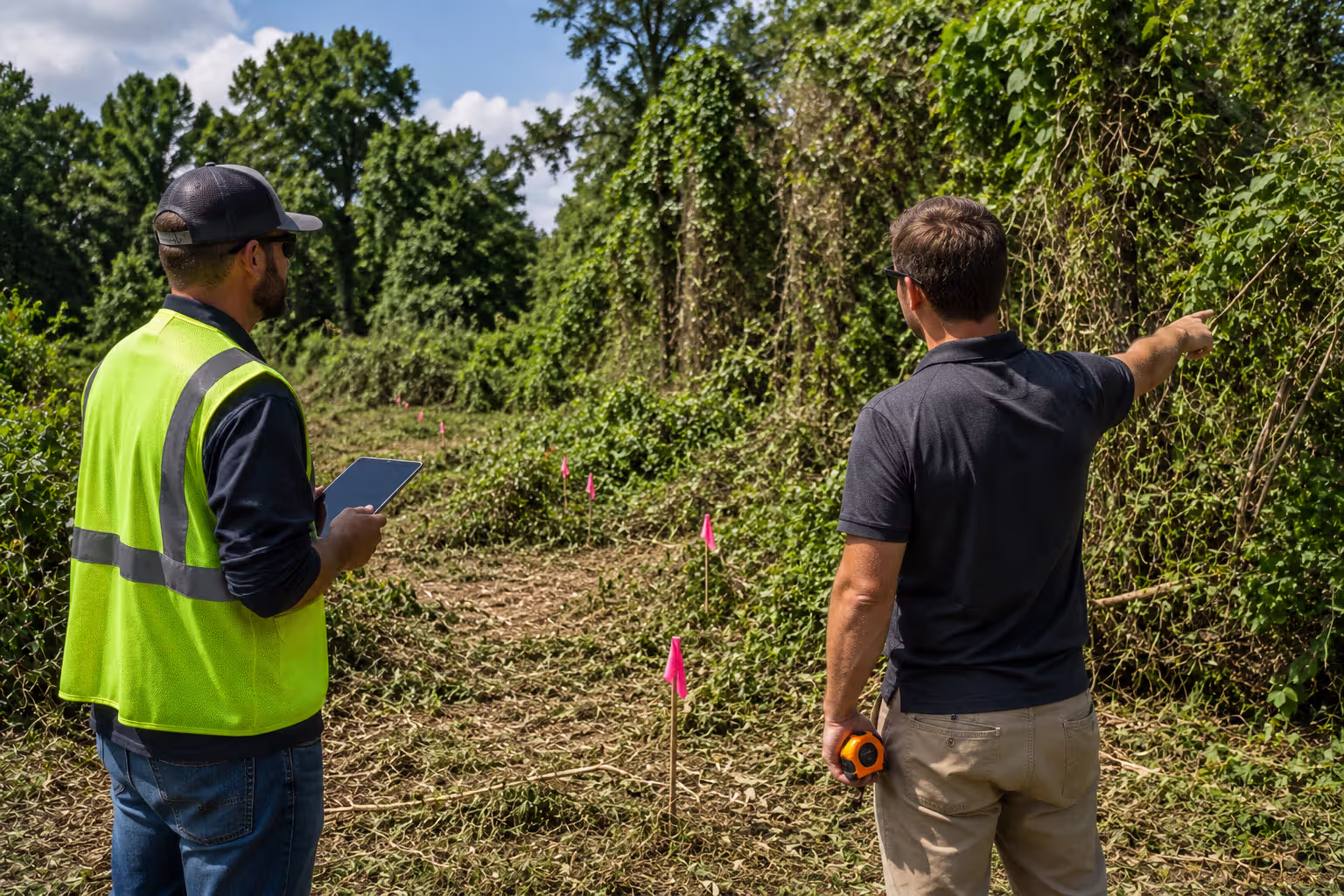 contractor and homeowner assessing an overgrown property before mulching