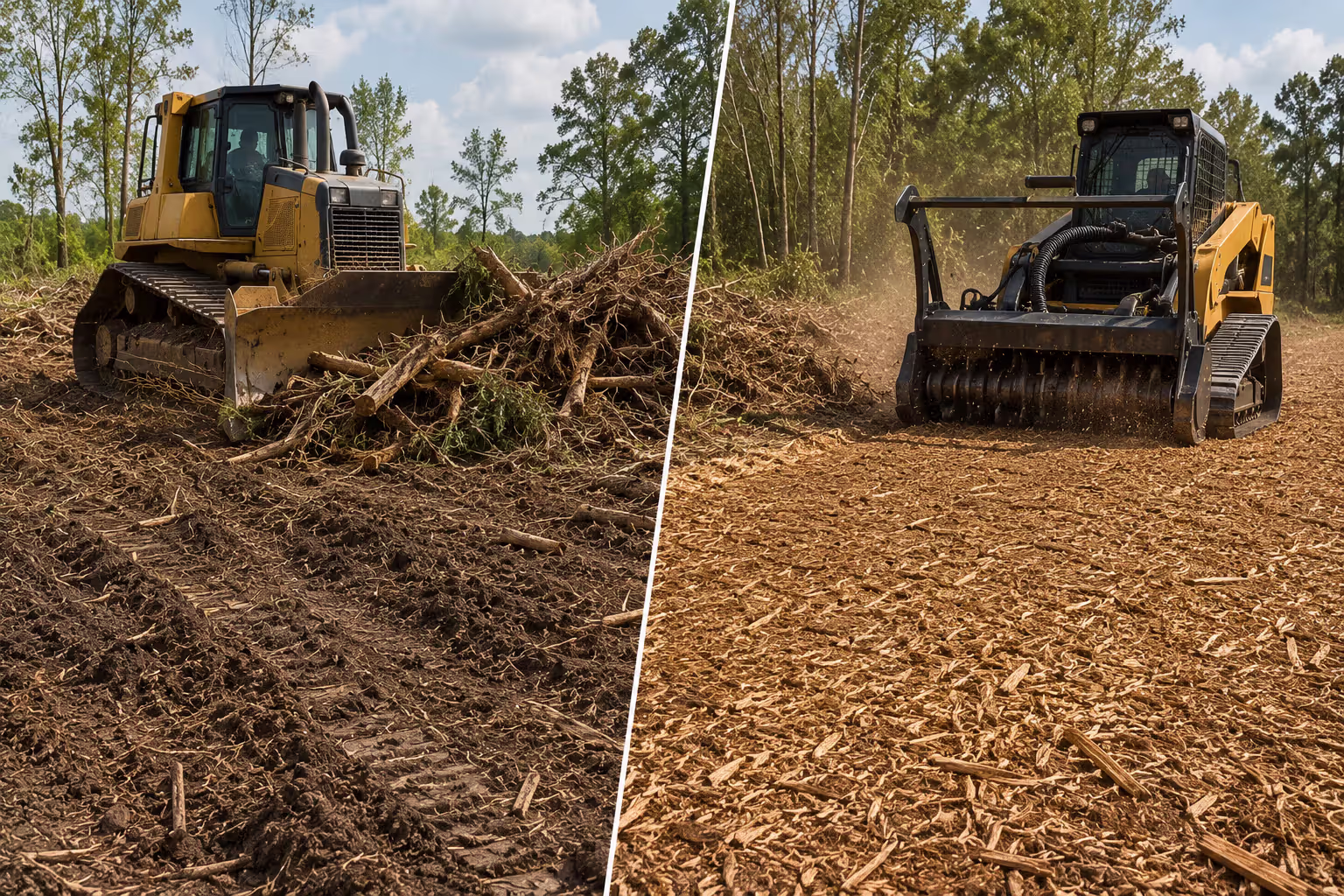 bulldozer clearing compared with forestry mulching and wood chip coverage