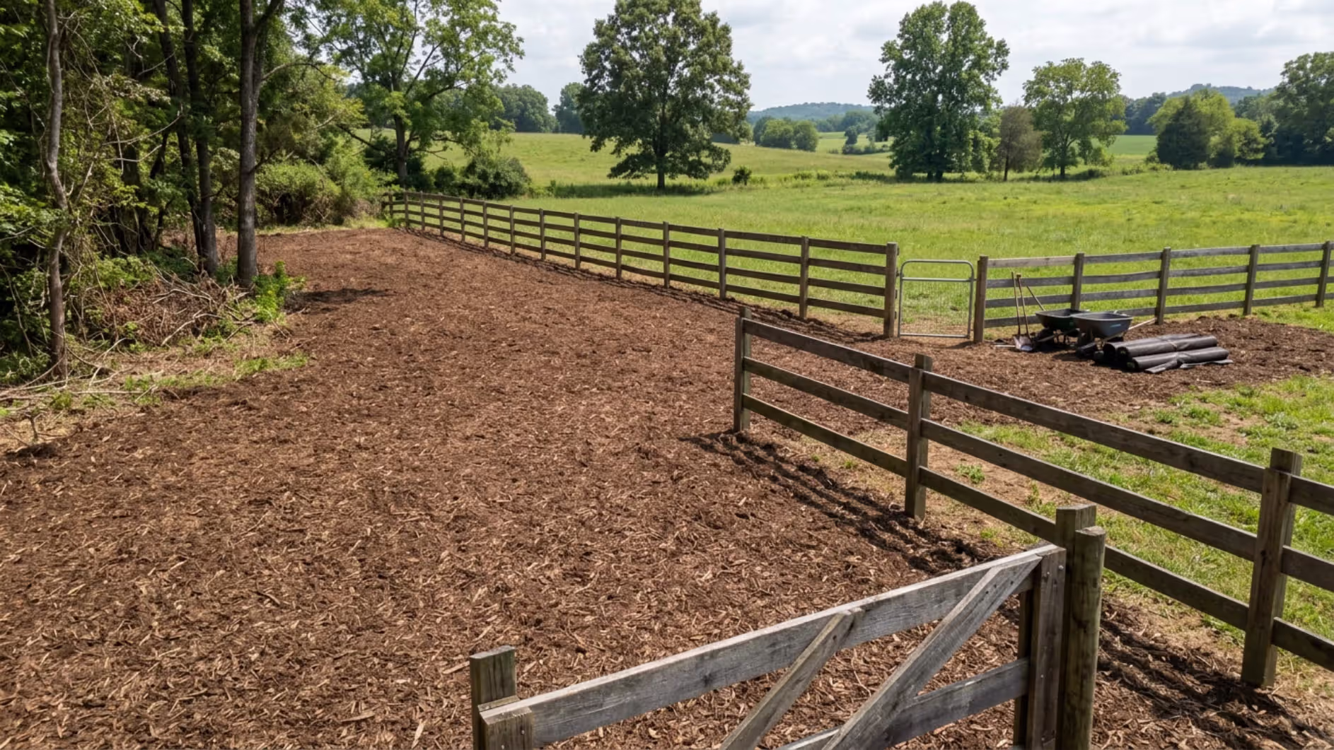 cleared property with mulch-covered ground and restored fence line