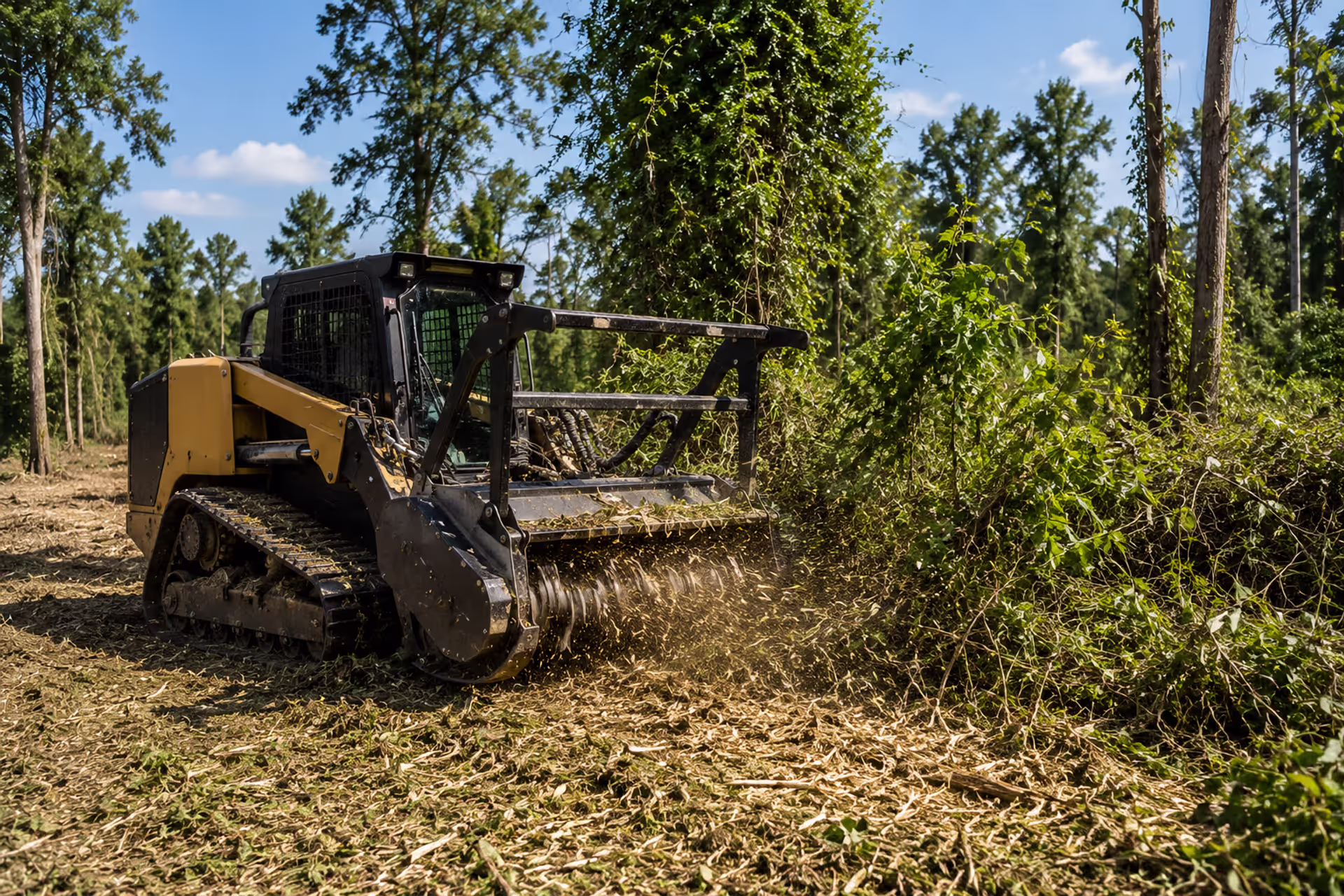 tracked forestry mulcher clearing overgrown land and leaving wood mulch