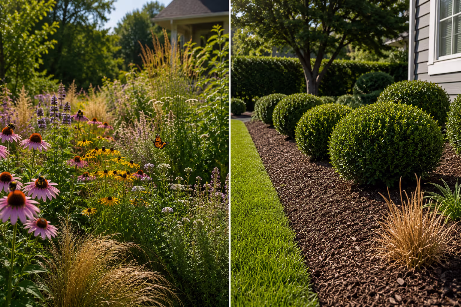 native plant garden compared with conventional ornamental landscaping