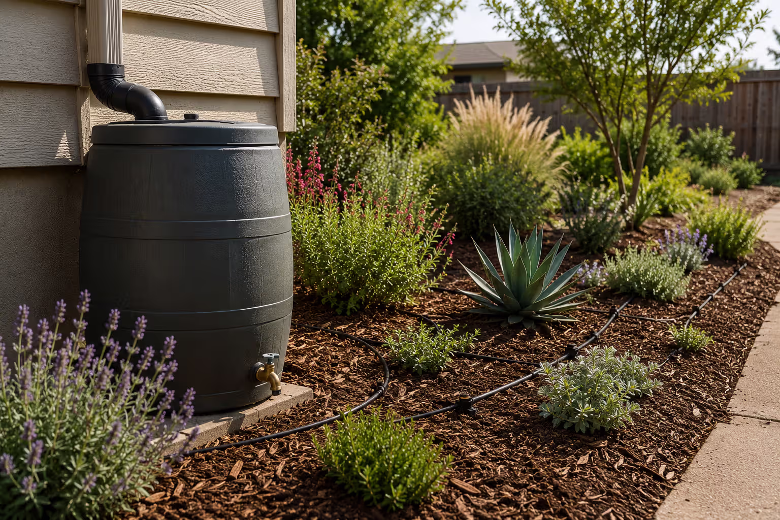 rain barrel and drip irrigation in a water efficient garden