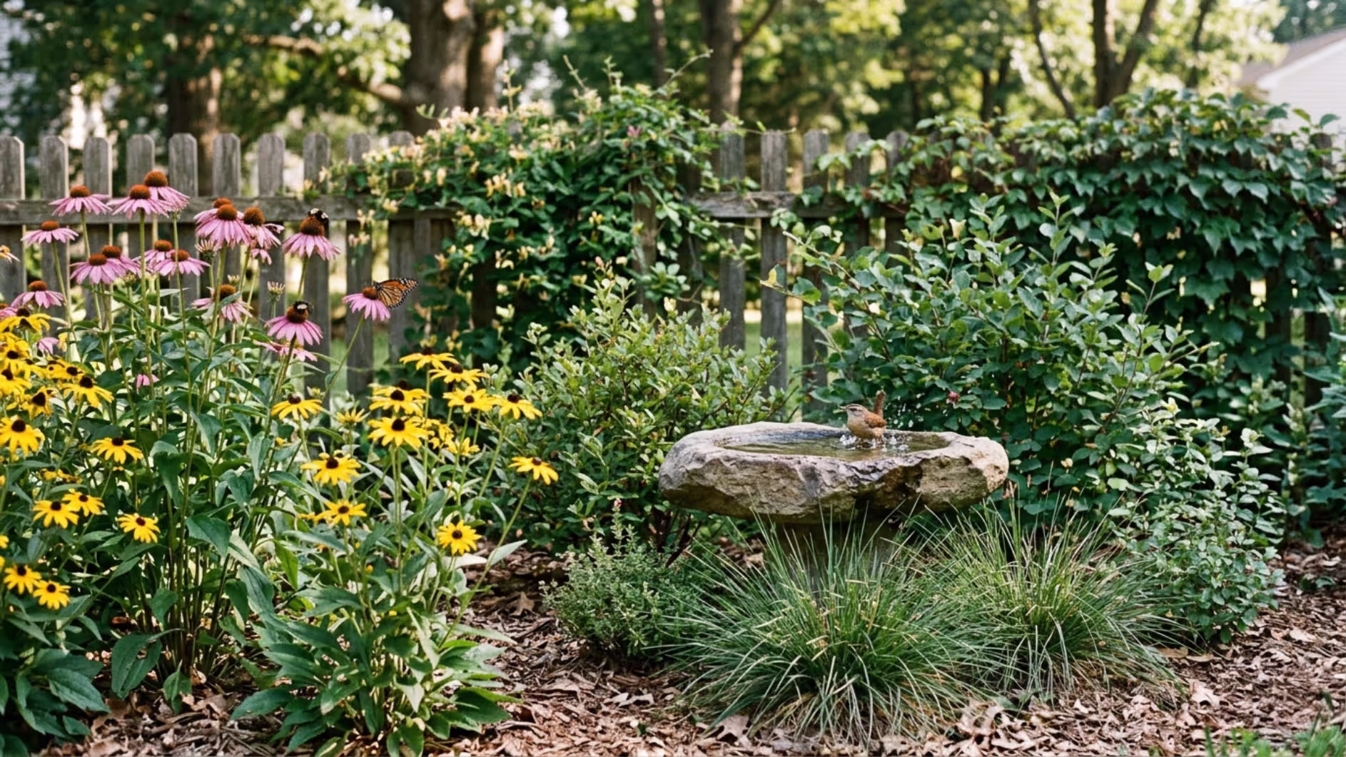wildlife friendly garden with pollinators birdbath and native flowers