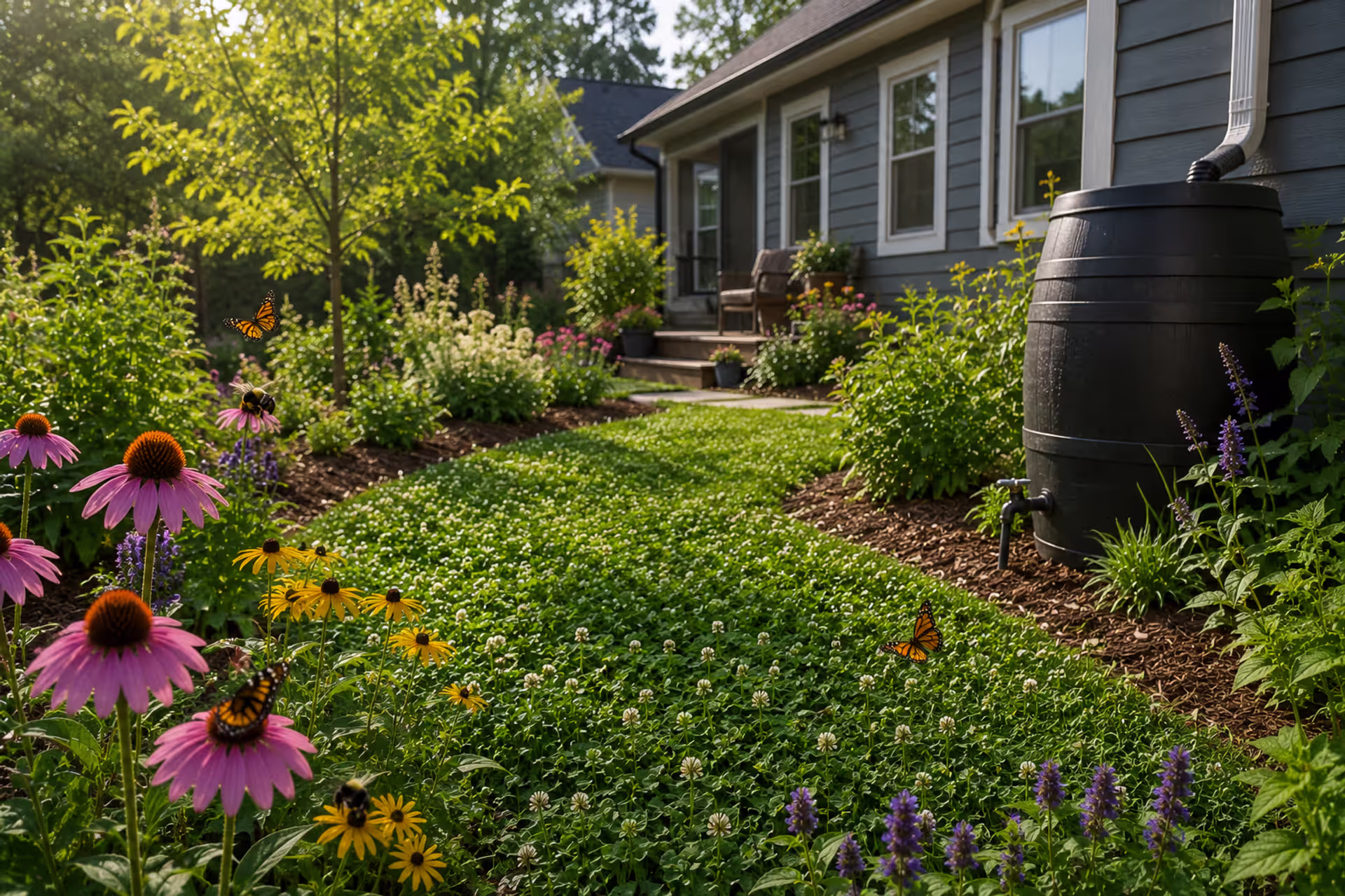 eco friendly backyard with native plants clover lawn and rain barrel