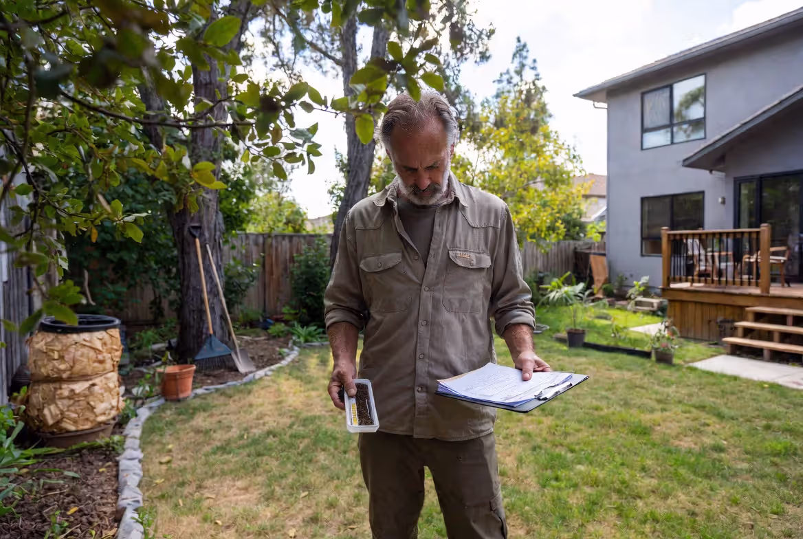 homeowner assessing yard conditions for sustainable landscaping